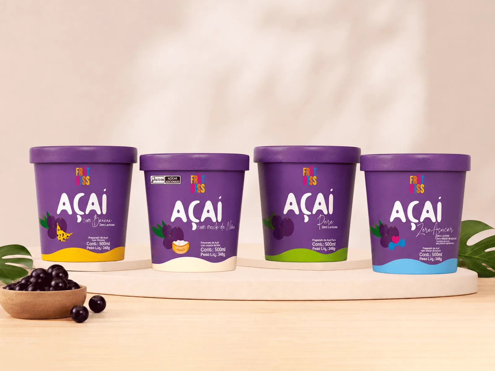 Açaí FrutBiss pote 500 ml — puro, com banana, com ninho e zero açúcar