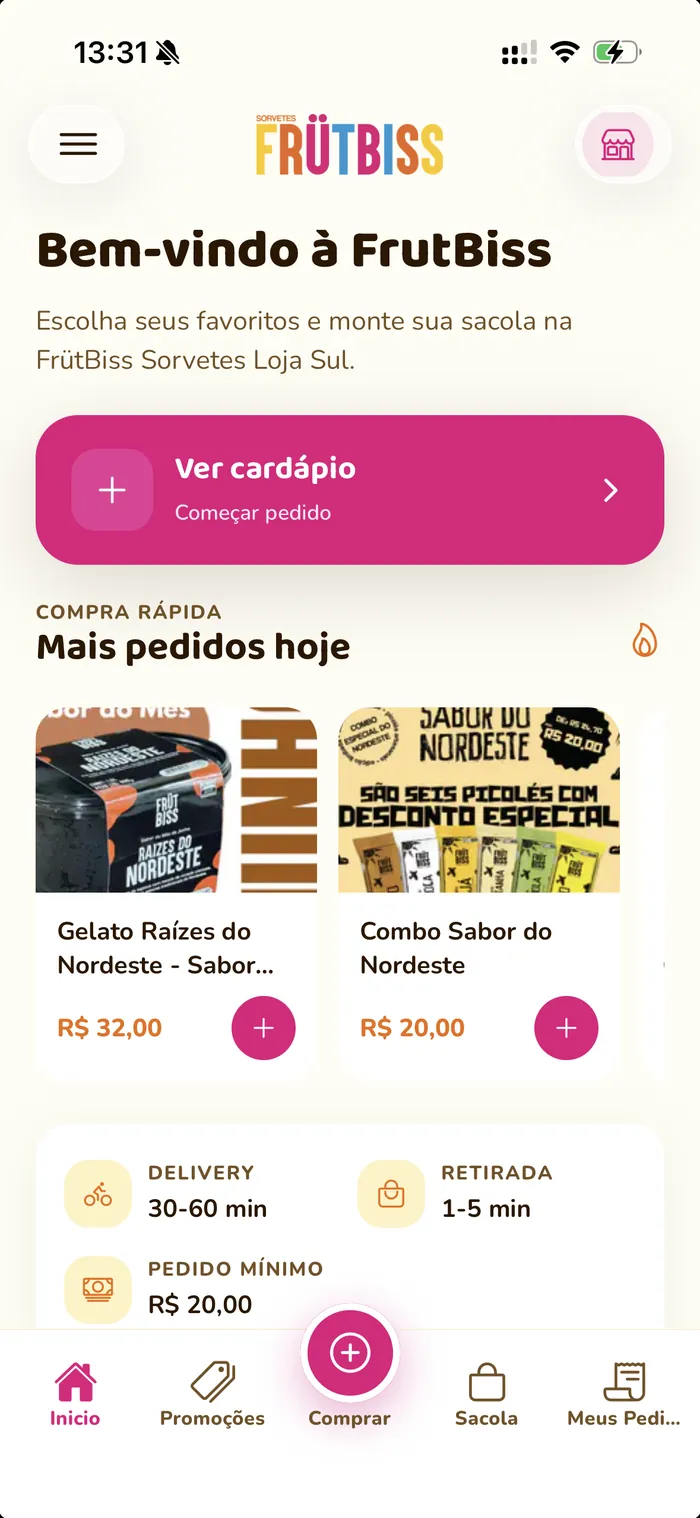 Tela inicial do app FrutBiss Sorvetes