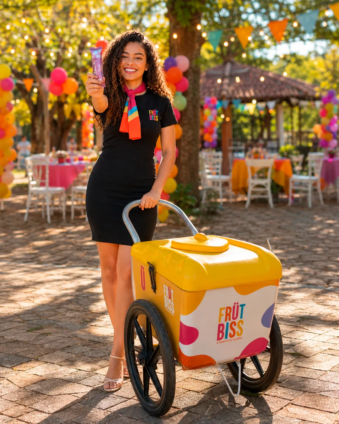 Atendente FrutBiss sorrindo com o carrinho de picolé numa festa decorada ao ar livre.