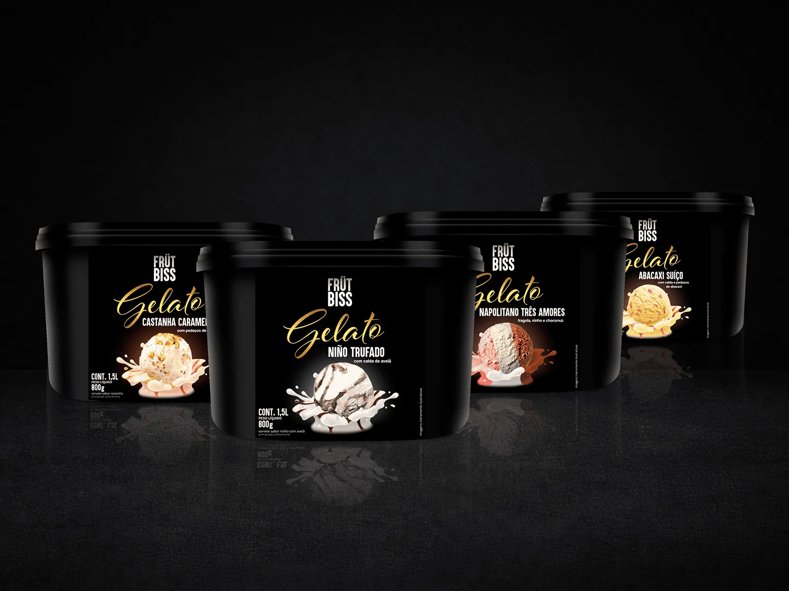 Gelato FrutBiss 1,5 L — linha premium, sabores castanha caramelo, ninho trufado, napolitano e abacaxi