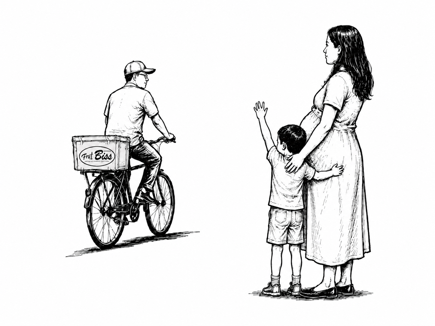 Ilustração: Seu Guto saindo de bicicleta com o isopor da FrutBiss, e Dona Vanda ao lado.