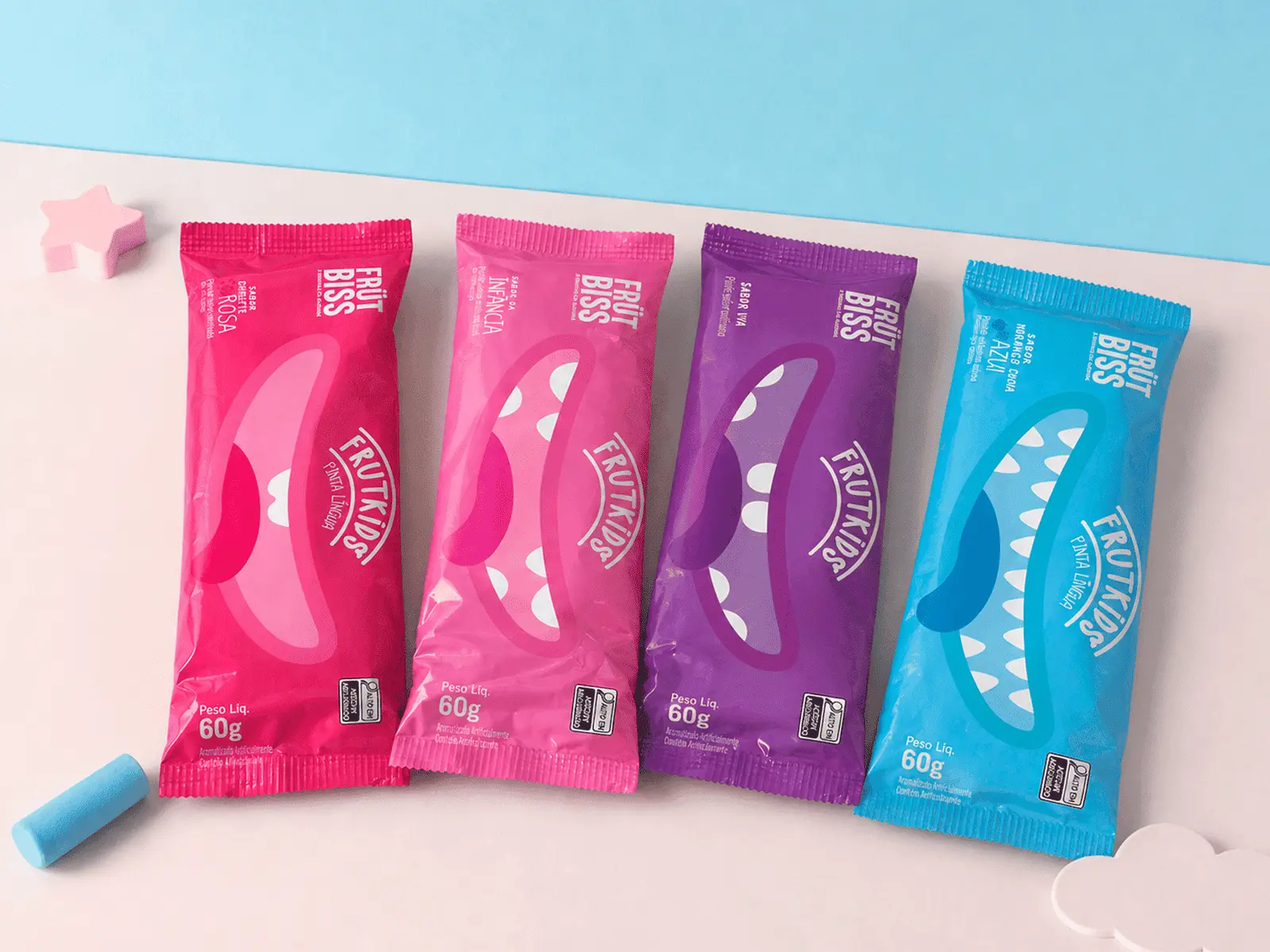 Picolés FrutBiss FrutKids — sabores Rosa, Infância, Uva e Azul
