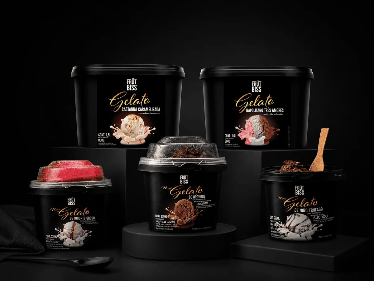 Linha de gelatos premium FrutBiss em potes pretos
