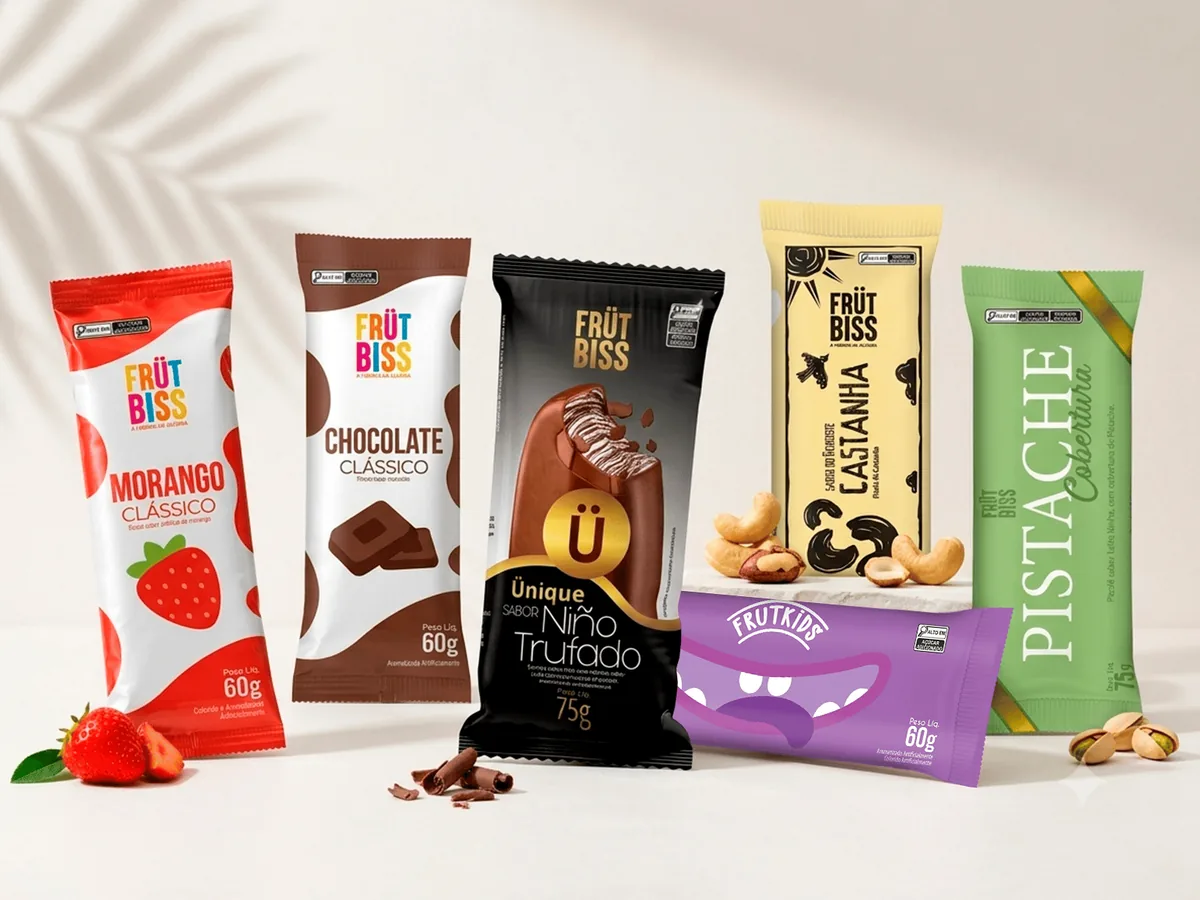 Linha de picolés FrutBiss: morango, chocolate, Ünique, castanha e pistache
