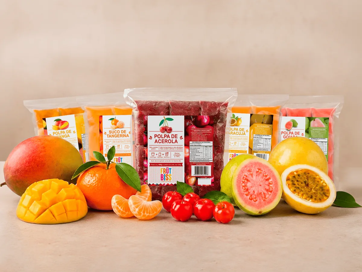 Polpas de fruta FrutBiss: acerola, manga, maracujá, goiaba e suco de tangerina