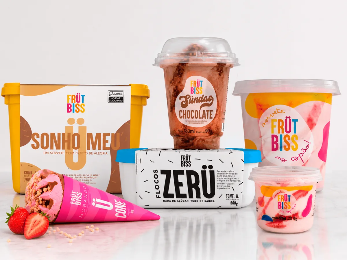 Linha de sorvetes tradicionais FrutBiss: potes, cone, sundae e copão