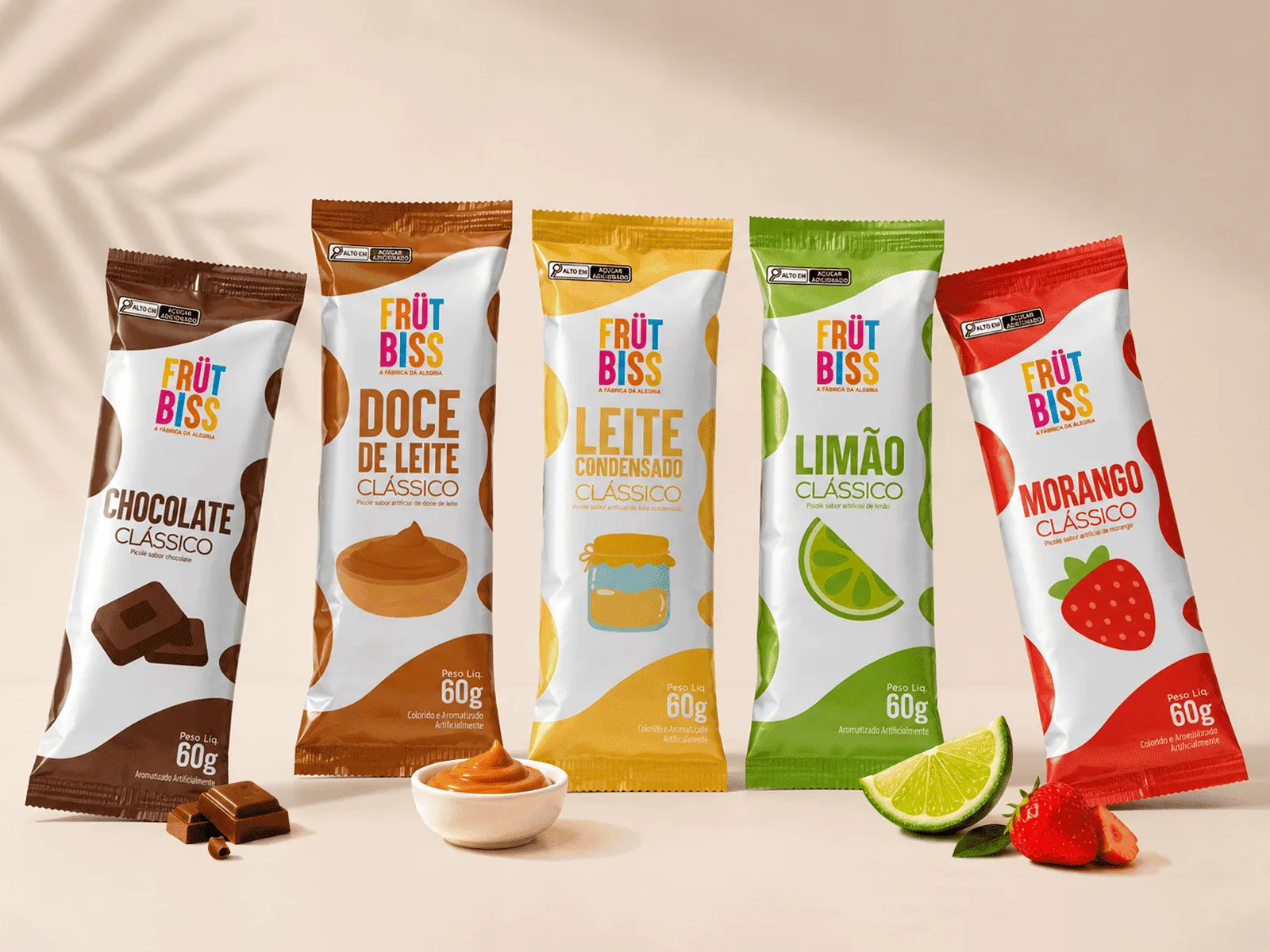 Picolés FrutBiss linha Clássico — doce de leite, morango, chocolate, leite condensado e limão
