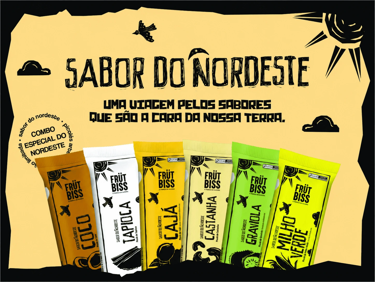Combo Especial de São João — picolés Sabor do Nordeste: coco, tapioca, cajá, castanha, graviola e milho verde