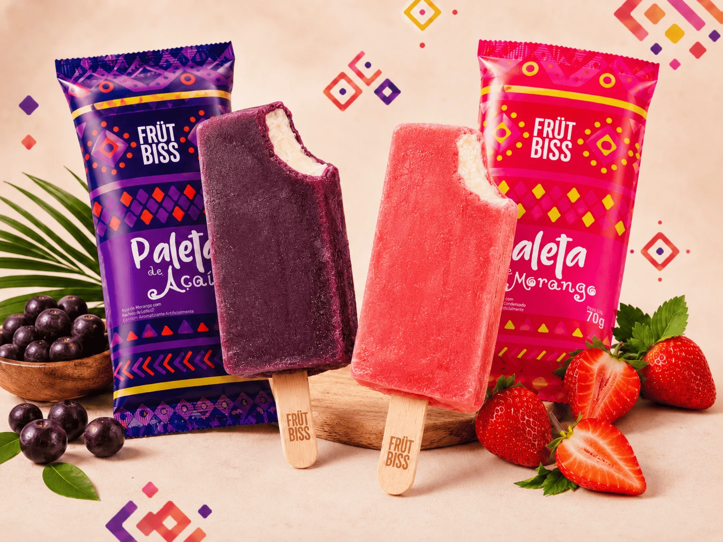 Paletas Mexicanas FrutBiss de Açaí e Morango, recheadas com leite condensado
