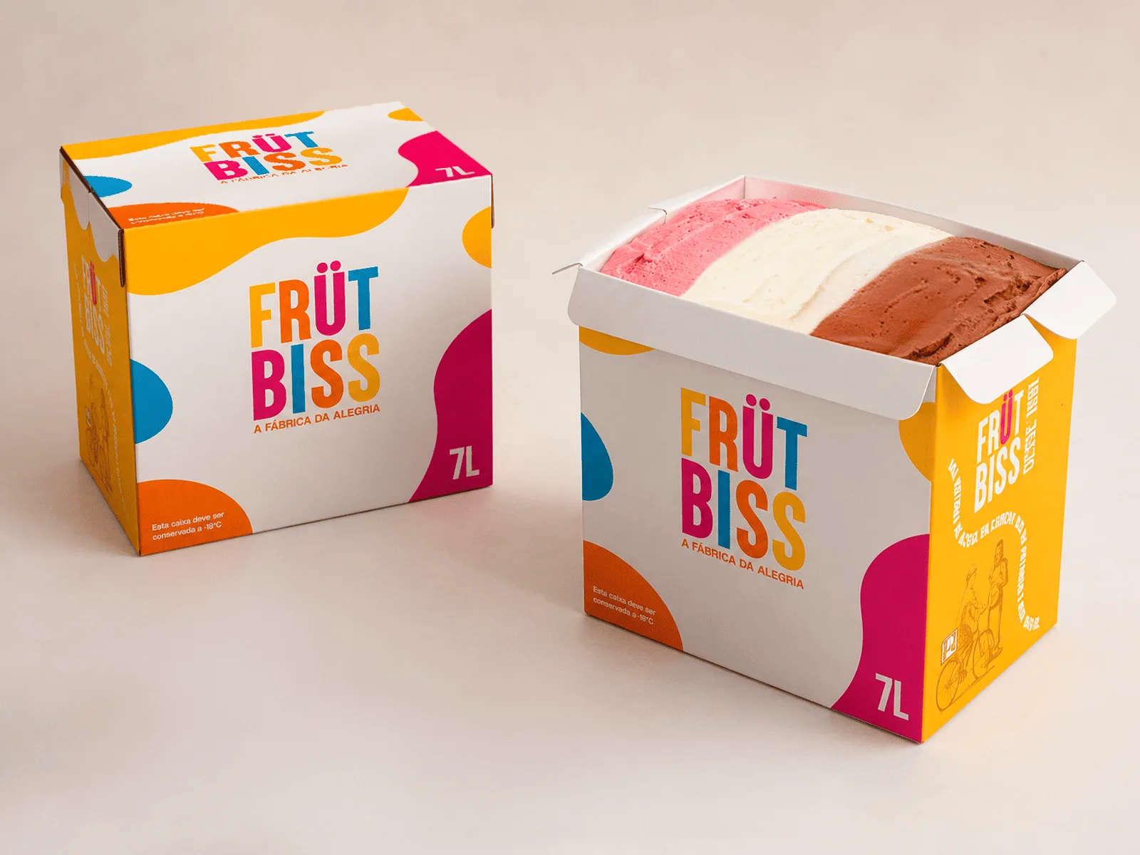 Caixa FrutBiss de 7 litros com sorvete napolitano — morango, creme e chocolate