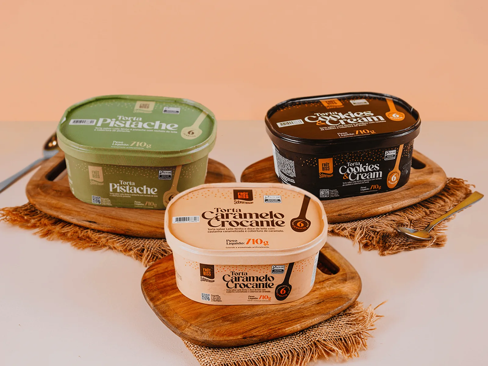 Tortas FrutBiss 710 g — pistache, cookies & cream e caramelo crocante