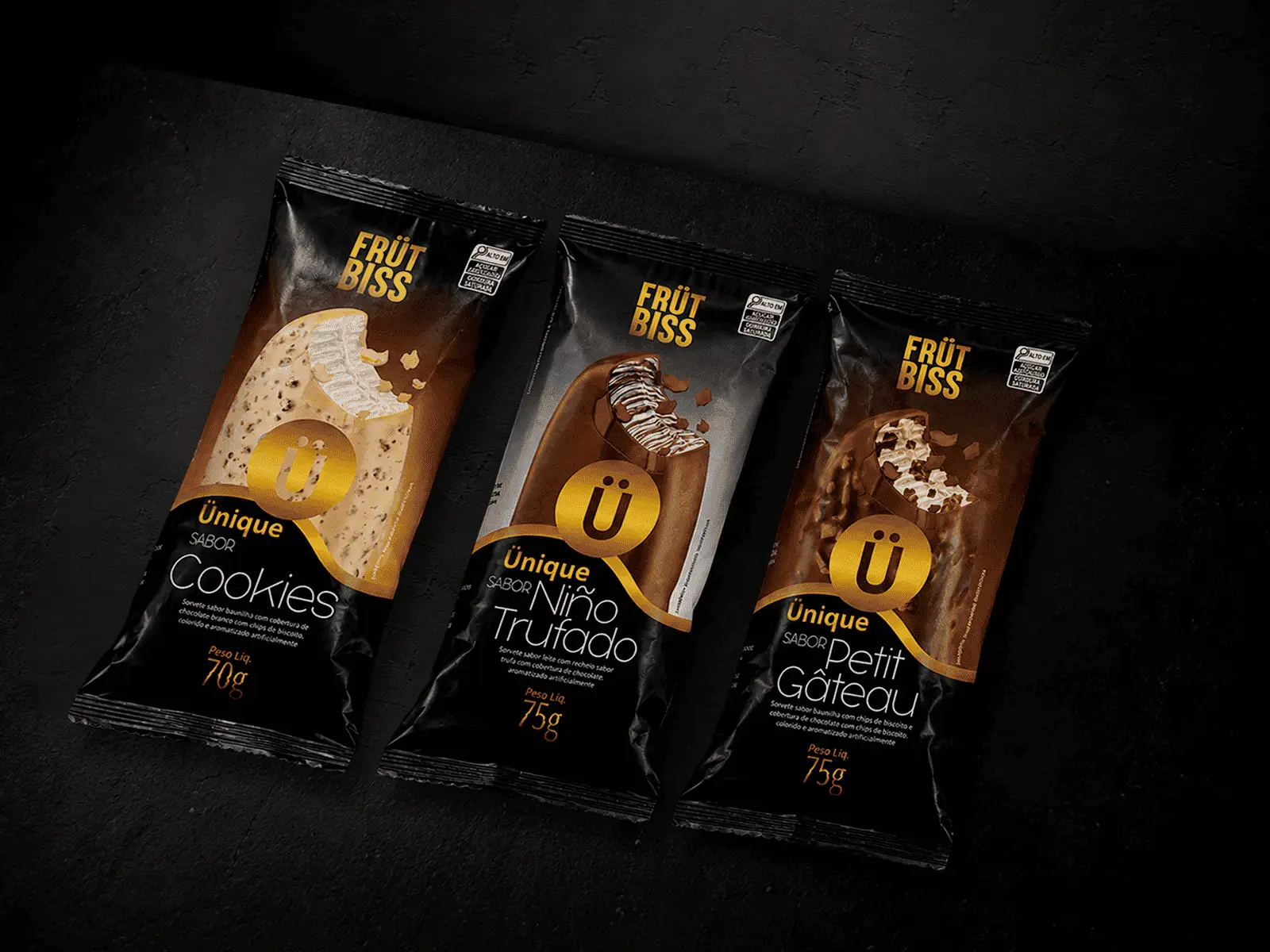 Picolés FrutBiss linha Ünique — Cookies, Niño Trufado e Petit Gâteau